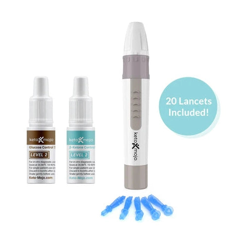 The Keto Mojo GK+ Blood Glucose and Ketone Meter Basic Starter Kit includes control solution bottles, a lancing device, five blue lancets, and a “20 Lancets Included!” label—perfect for those following a keto diet.