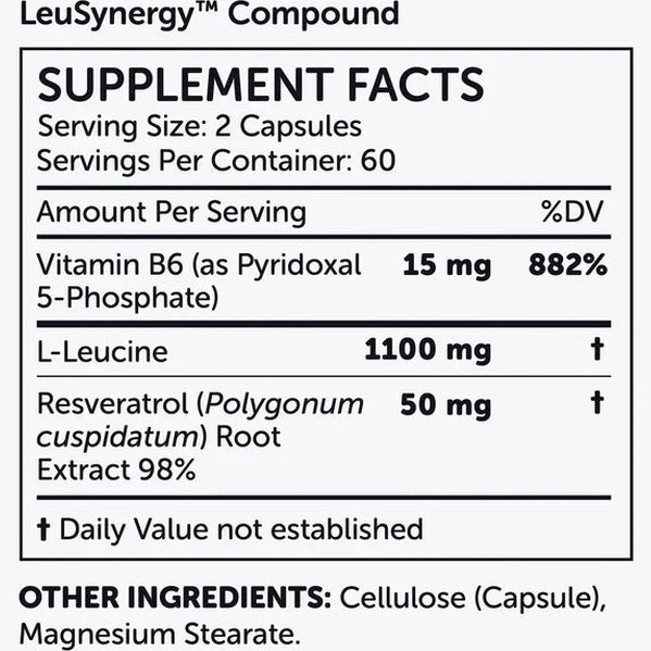 The LeuSynergy Compound by Nubio Age features a supplement facts label indicating a serving size of 2 capsules, emphasizing its role in fat oxidation with listed amounts of Vitamin B6, L-Leucine, and Resveratrol. Additional ingredients comprise cellulose and magnesium stearate.