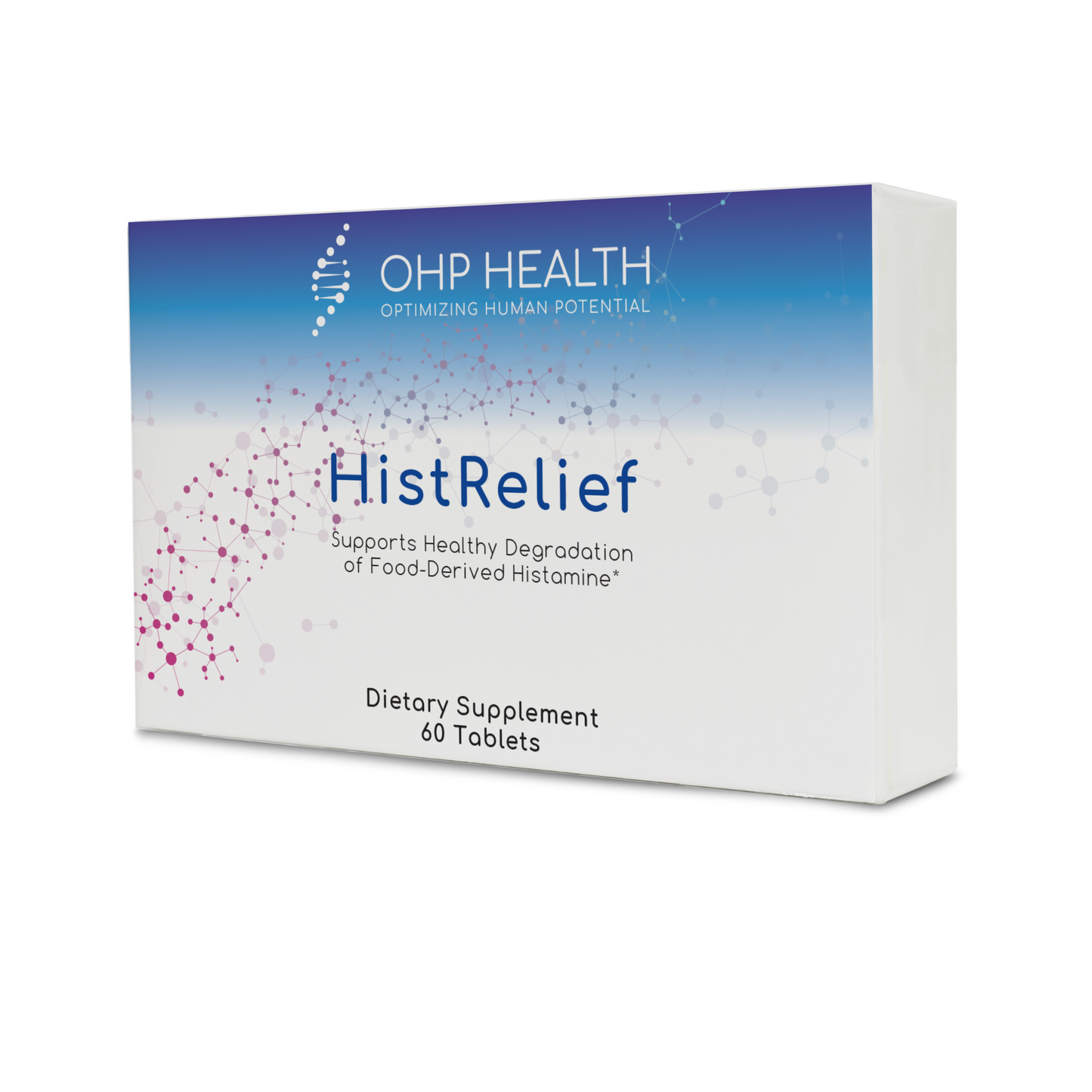 Box of HistRelief dietary supplement by OHP Health, containing 60 gastro-resistant mini-tablets, designed to support healthy digestion of food-derived histamine.