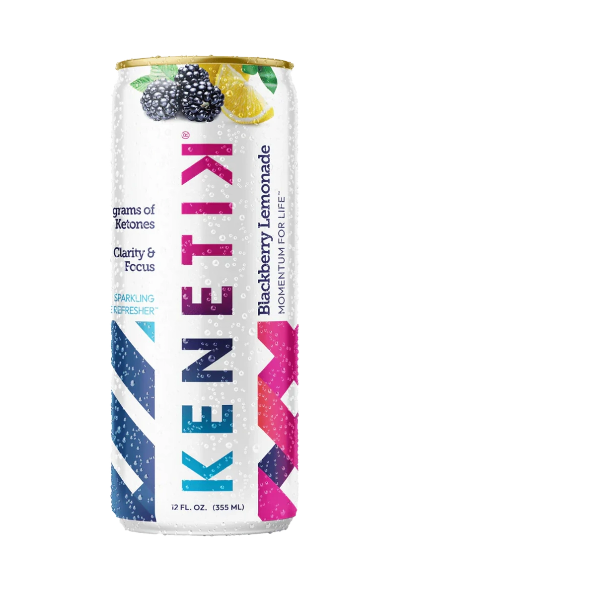A vibrant KenetiK Ketone Drink by OHP Health, featuring diagonal stripes and blackberries, delivers 12 fl. oz. (355 ml) of a bioidentical ketone beverage. It's ketogenic certified and enhances clarity, focus, and brain function.