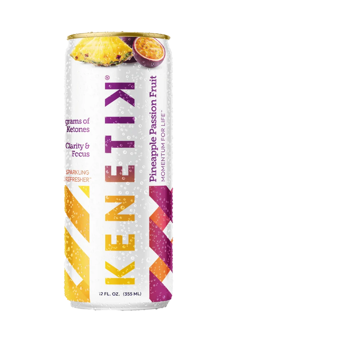 KenetiK Ketone Drink by OHP Health in Pineapple Passion Fruit flavor, 12 fl oz, showcases a vibrant geometric design and highlights its bioidentical ketones for focus benefits. Certified ketogenic and designed for brain boosting.