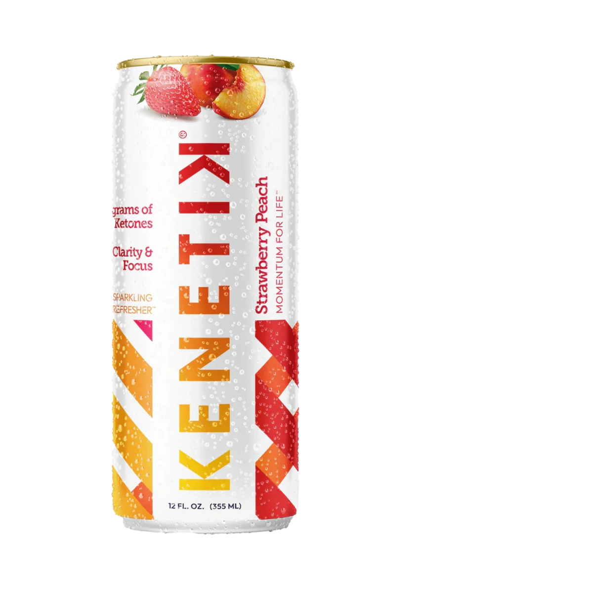 The OHP Health KenetiK Ketone Drink is a ketogenic certified bioidentical ketone beverage, providing brain-boosting benefits in every 12 fl oz (355 ml). The tall can, designed with a white background and red/orange geometric patterns, features a sparkling strawberry peach flavor.
