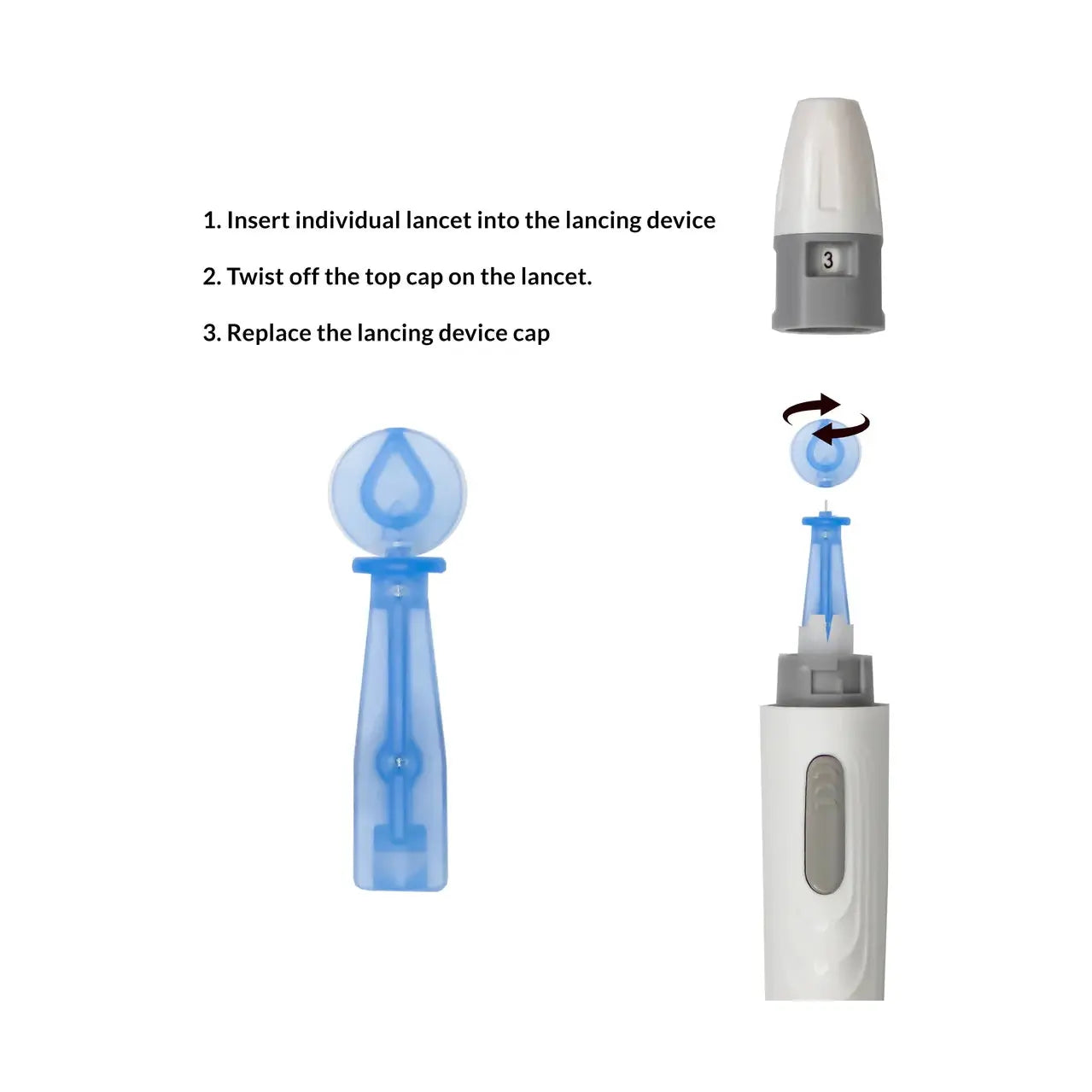 Close-up of Keto Mojo Universal Lancets 30G-100ct: insert lancet, twist off cap, and replace lancing device cap for accurate blood sampling during glucose or ketone testing.