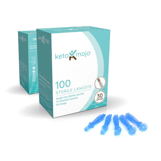 Two boxes of OHP Health Universal Lancets 100ct with five blue lancets in front; packaging specifies 30 gauge and single-use.