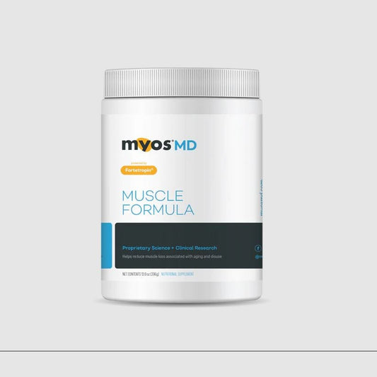 A MYOS MD Muscle Formula white jar with blue and yellow accents contains a nutritional supplement enriched with Fortetropin, offering 60 servings designed to help manage myostatin levels and combat muscle loss.