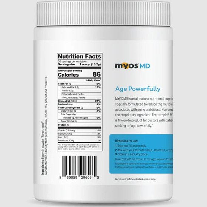 A white container of MYOS MD Muscle Formula nutritional supplement, enriched with Fortetropin to support muscle loss prevention, features labeled nutrition facts and easy-to-follow usage instructions.