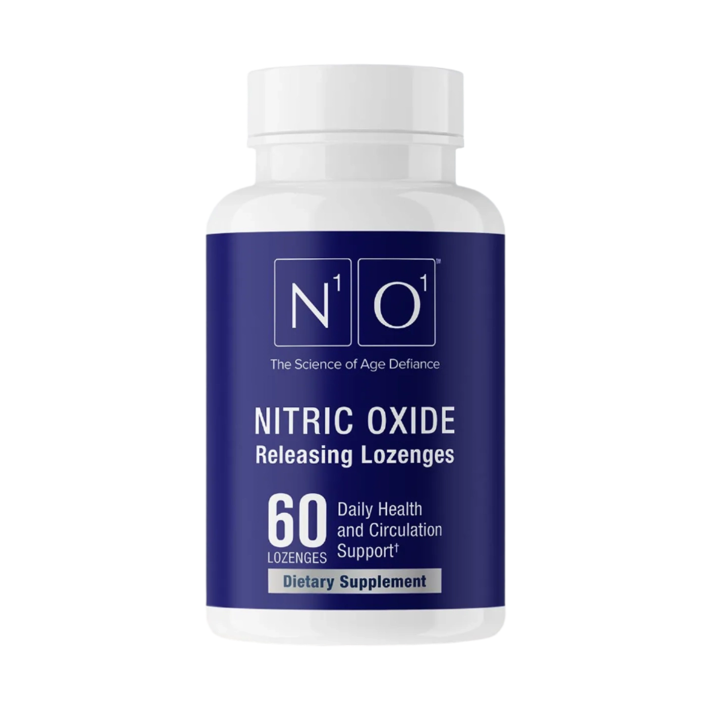 The "Nitric Oxide Lozenges" by N101, in a blue bottle with 60 lozenges, serves as a dietary supplement to efficiently support cardiovascular health, daily wellness, and circulation.