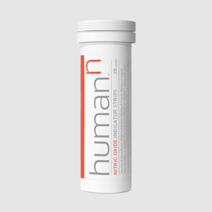 A tube labeled "OHP Health," containing 25 Nitric Oxide Indicator Strips designed to monitor your nitric oxide levels, rests on a plain background. Ideal for those keen on managing their dietary nitrate intake.