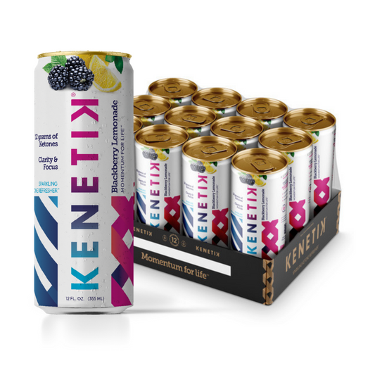 A can of KenetiK Ketone Drink by OHP Health, a bioidentical ketone beverage, is displayed next to a cardboard tray containing multiple cans. The can's design features images of fruit and branding text that emphasize its brain-boosting benefits and certification for ketogenic compatibility.