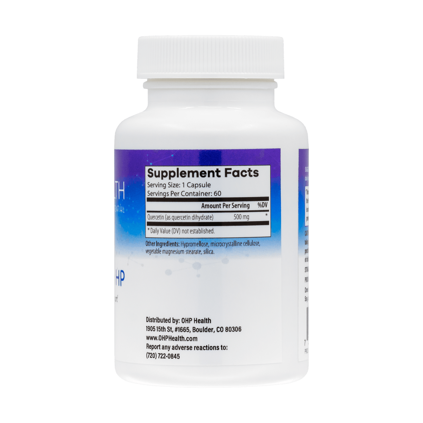A white bottle of OHP Health Quercetin Pro HP contains 60 capsules designed to support immune health and provide antioxidant benefits, featuring a label with supplement facts, directions, and distributor information.