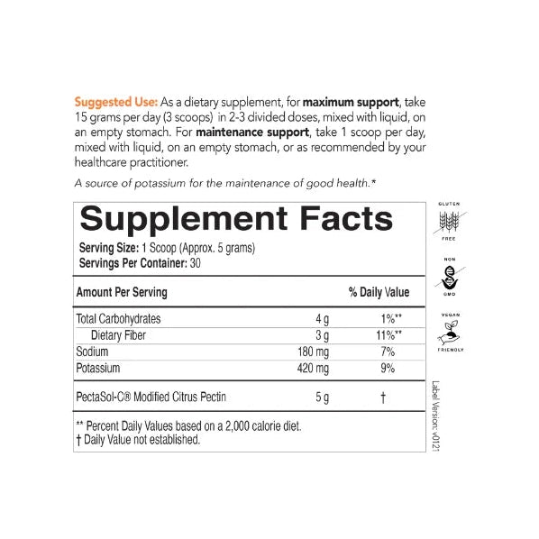 PectaSol Powder by OHP Health: Supplement Facts label shows serving size, ingredients, and daily values. Icons highlight gluten-free, vegan, non-GMO. Features Modified Citrus Pectin for proven total-body benefits; suggested use at the top. 30 servings.