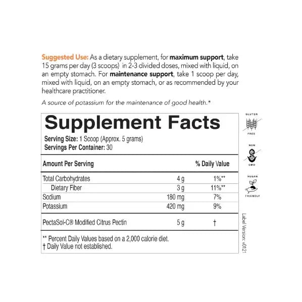 PectaSol Powder by OHP Health: Supplement Facts label shows serving size, ingredients, and daily values. Icons highlight gluten-free, vegan, non-GMO. Features Modified Citrus Pectin for proven total-body benefits; suggested use at the top. 30 servings.