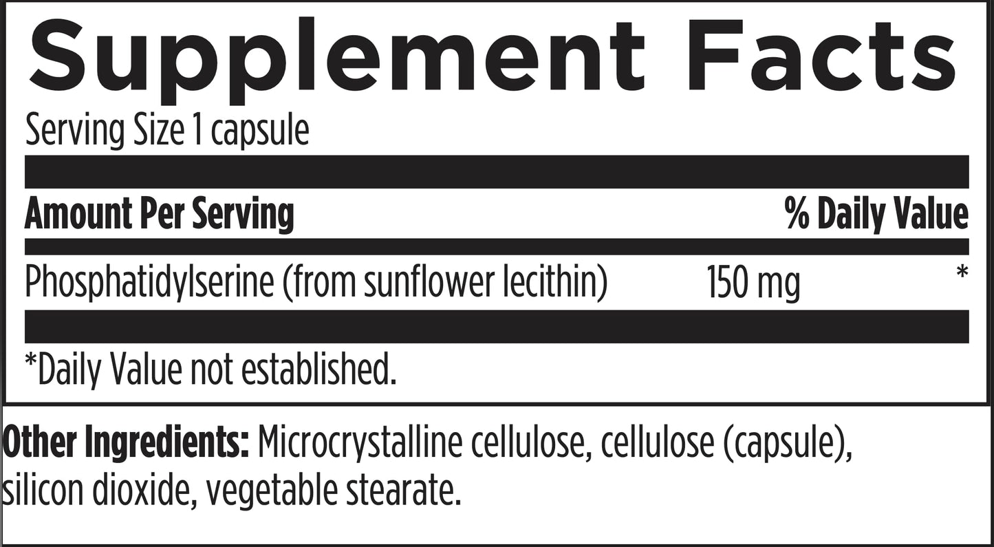 Phosphatidylserine Pro HP by OHP Health: Supplement Facts label lists 1 capsule serving with 150 mg phosphatidylserine (from sunflower lecithin) for brain support; other ingredients below. Daily value not established. Contains 60 capsules.