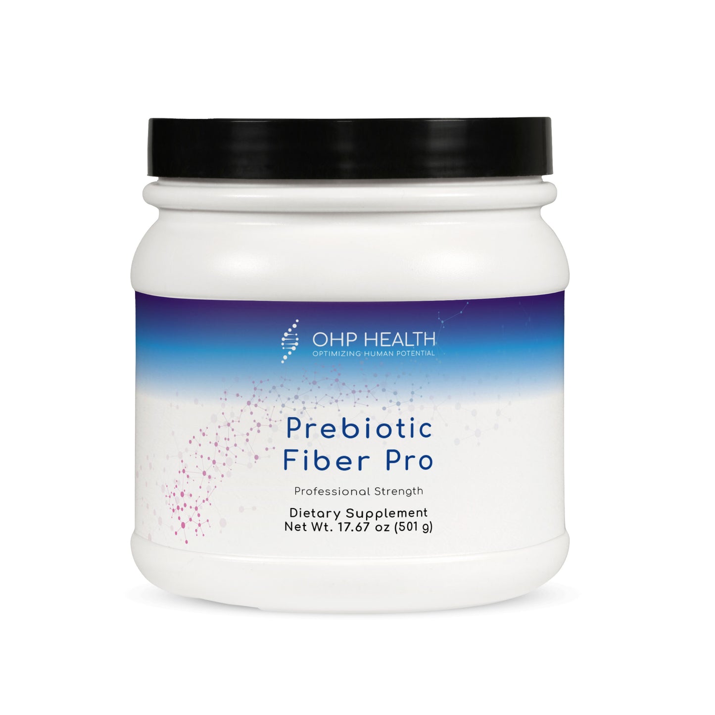 OHP Health Prebiotic Fiber Pro is a white plastic container with a black lid and blue-purple gradient label, containing 17.67 oz (501 g) of prebiotic fiber supplement to support digestive health.