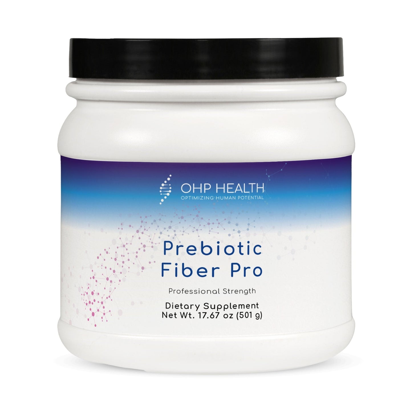 A white and blue gradient plastic container labeled "OHP Health Prebiotic Fiber Pro | 30 servings," a gut health dietary supplement, features a black lid.