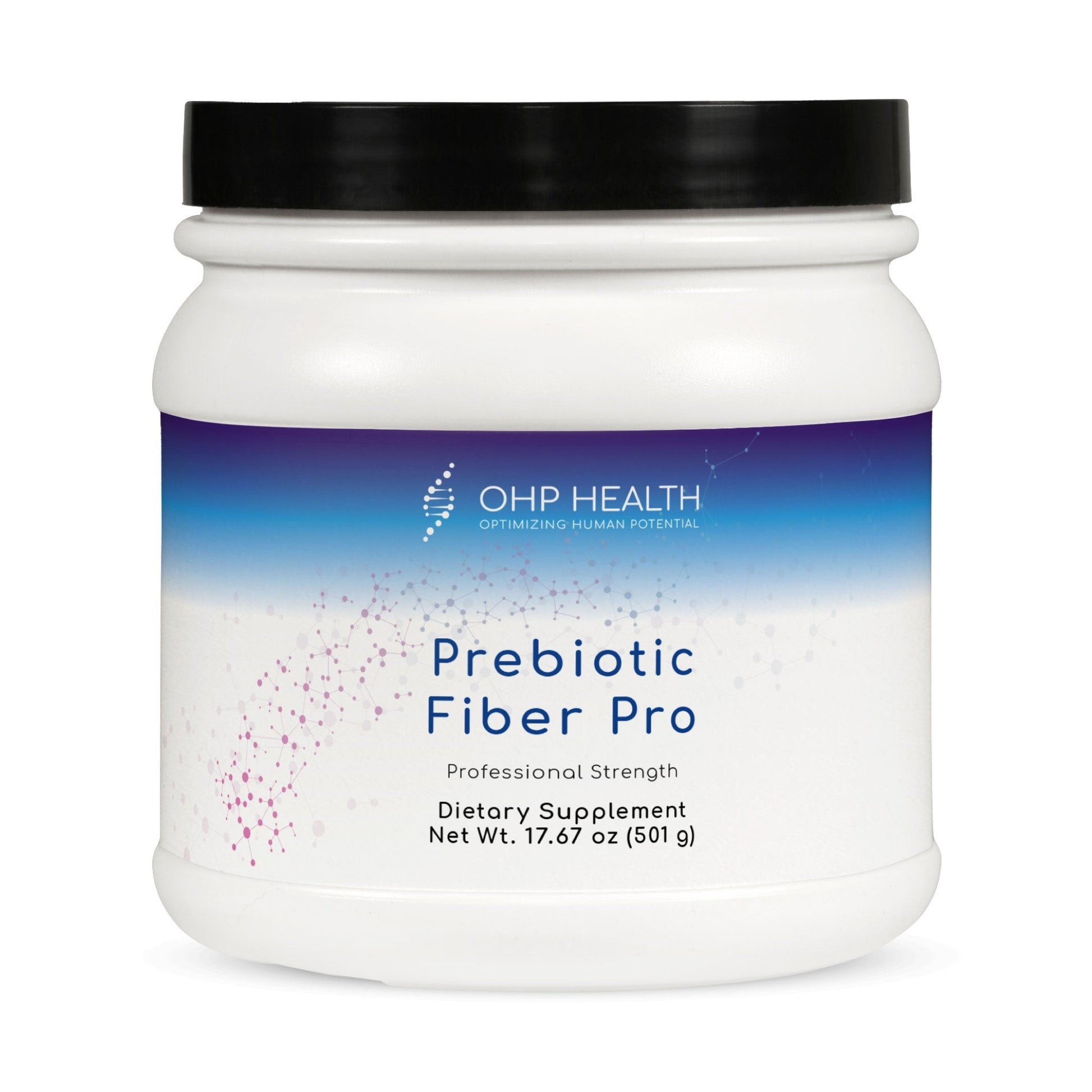 A white and blue gradient plastic container labeled "OHP Health Prebiotic Fiber Pro | 30 servings," a gut health dietary supplement, features a black lid.