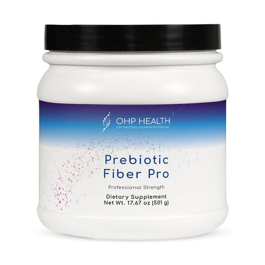 A white and blue gradient plastic container labeled "OHP Health Prebiotic Fiber Pro | 30 servings," a gut health dietary supplement, features a black lid.