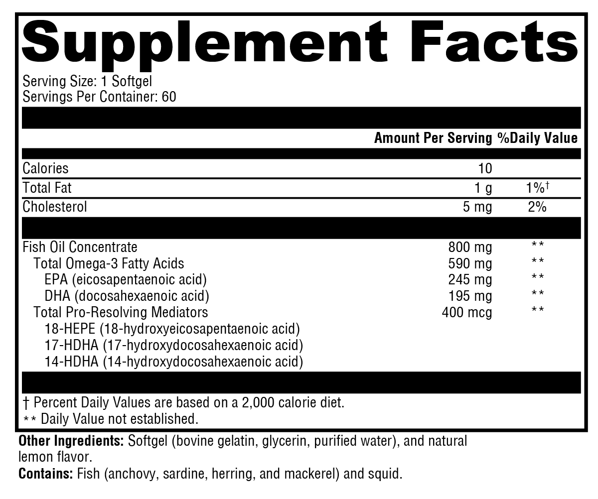 OHP Health SPM Combo Supplement Facts: fish oil softgel with serving size, nutrition info, EPA/DHA levels, concentrated fish oil, softgel capsule, natural lemon flavor. Supports Specialized Pro-Resolving Lipid Mediator Activity.