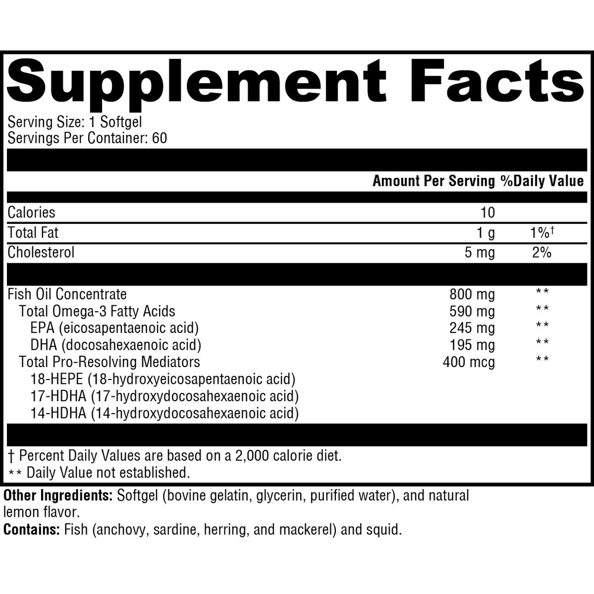 OHP Health SPM Combo Supplement Facts: fish oil softgel with serving size, nutrition info, EPA/DHA levels, concentrated fish oil, softgel capsule, natural lemon flavor. Supports Specialized Pro-Resolving Lipid Mediator Activity.