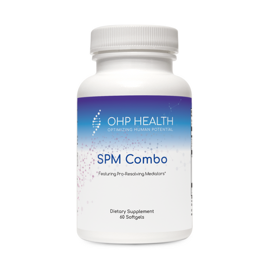 A bottle of SPM Combo dietary supplement by OHP Health contains 60 softgels, designed with EPA and DHA to assist in resolving inflammation with pro-resolving mediators.