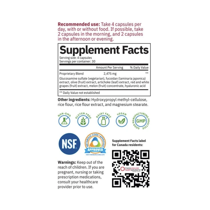 Supplement Facts label for EndocalyxPro 120 caps by My Body RX, offering cardiovascular support with plant extracts. Includes precautions to keep out of reach of children and contains 30 servings per container.