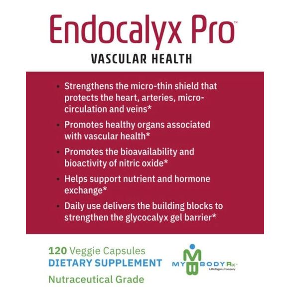 The label for My Body RX's EndocalyxPro 120 caps dietary supplement highlights its benefits for vascular and glycocalyx health, supporting cardiovascular wellness. It improves the bioavailability of nitric oxide and is classified as nutraceutical grade, containing 120 vegetarian capsules.