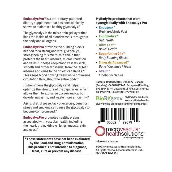 The reverse side of the My Body RX EndocalyxPro 120 caps package features detailed information about its benefits and those of other related products, emphasizing support for vascular and glycocalyx health. It includes product details, ingredient lists, and disclaimers to promote enhanced cardiovascular wellness.
