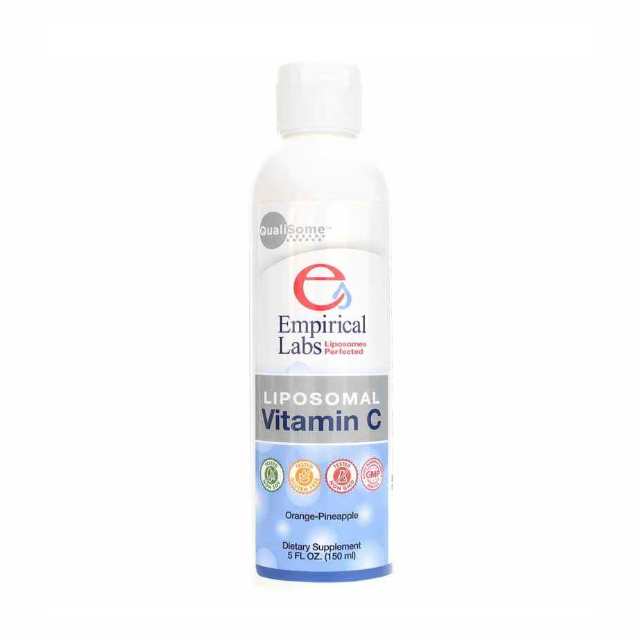 Empirical Labs' Liposomal Vitamin C comes in a 5 oz bottle with vibrant orange-pineapple flavor, white cap, and colorful label. It contains phosphatidylcholine for better absorption and provides an optimal dose of sodium ascorbate.