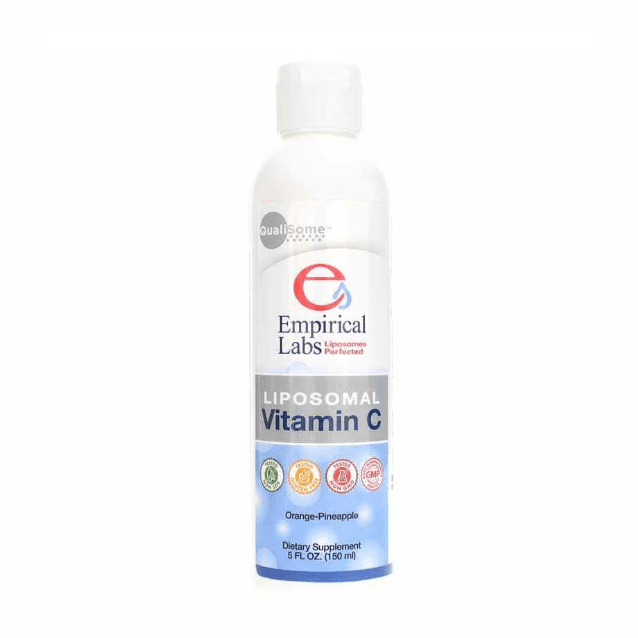 Empirical Labs' Liposomal Vitamin C comes in a 5 oz bottle with vibrant orange-pineapple flavor, white cap, and colorful label. It contains phosphatidylcholine for better absorption and provides an optimal dose of sodium ascorbate.