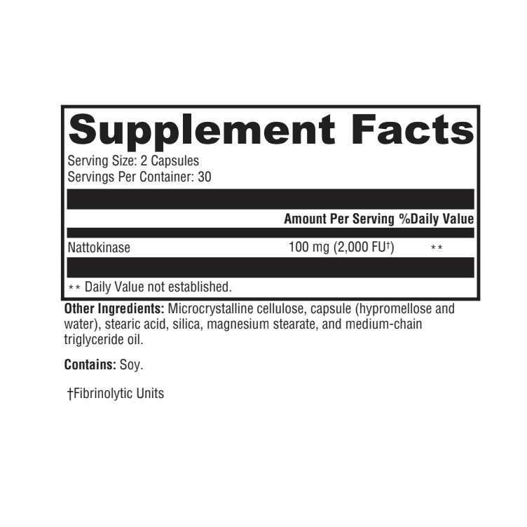 OHP Health Nattokinase HP | 60ct Supplement Facts: serving size 2 capsules with 100mg nattokinase enzyme for cardiovascular health. Contains soy; other ingredients listed. Daily value not established.