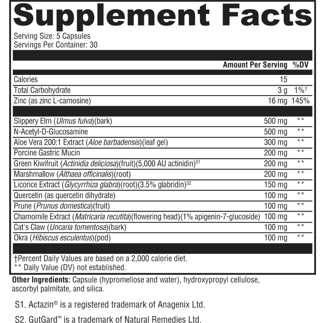The Supplement Facts for OHP Health's GI Tract Blend (150ct) list serving size and ingredients like Slippery Elm, Aloe Vera, Licorice Extract for digestive health, daily values for Zinc and Total Carbohydrate, and proprietary formulas to enhance mucous membrane integrity.