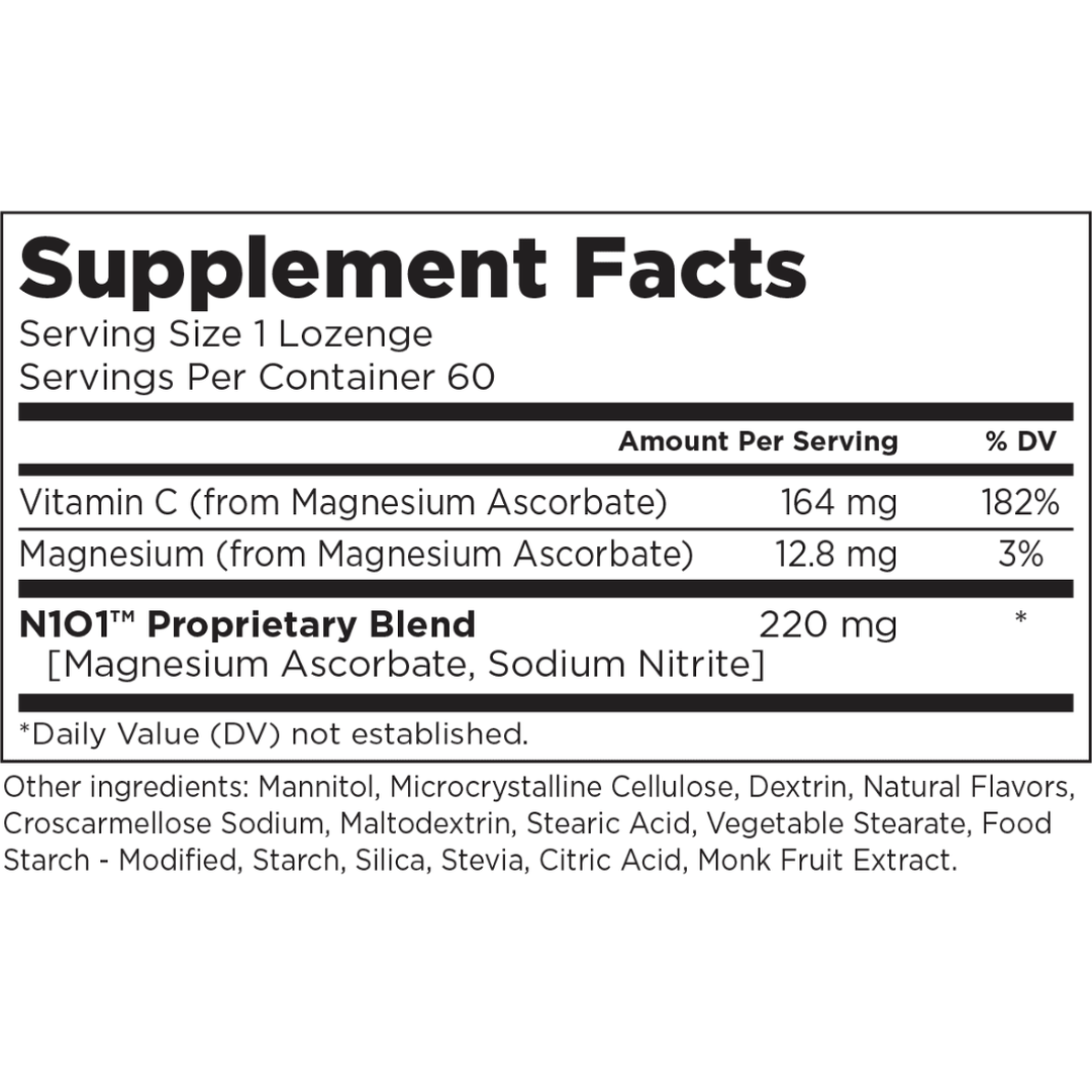 Check out the N101 Nitric Oxide Lozenges' Supplement Facts: 164 mg Vitamin C (182% DV), 12.8 mg Magnesium (3% DV), a 220 mg proprietary blend for cardiovascular support, plus Mannitol and Dextrin.