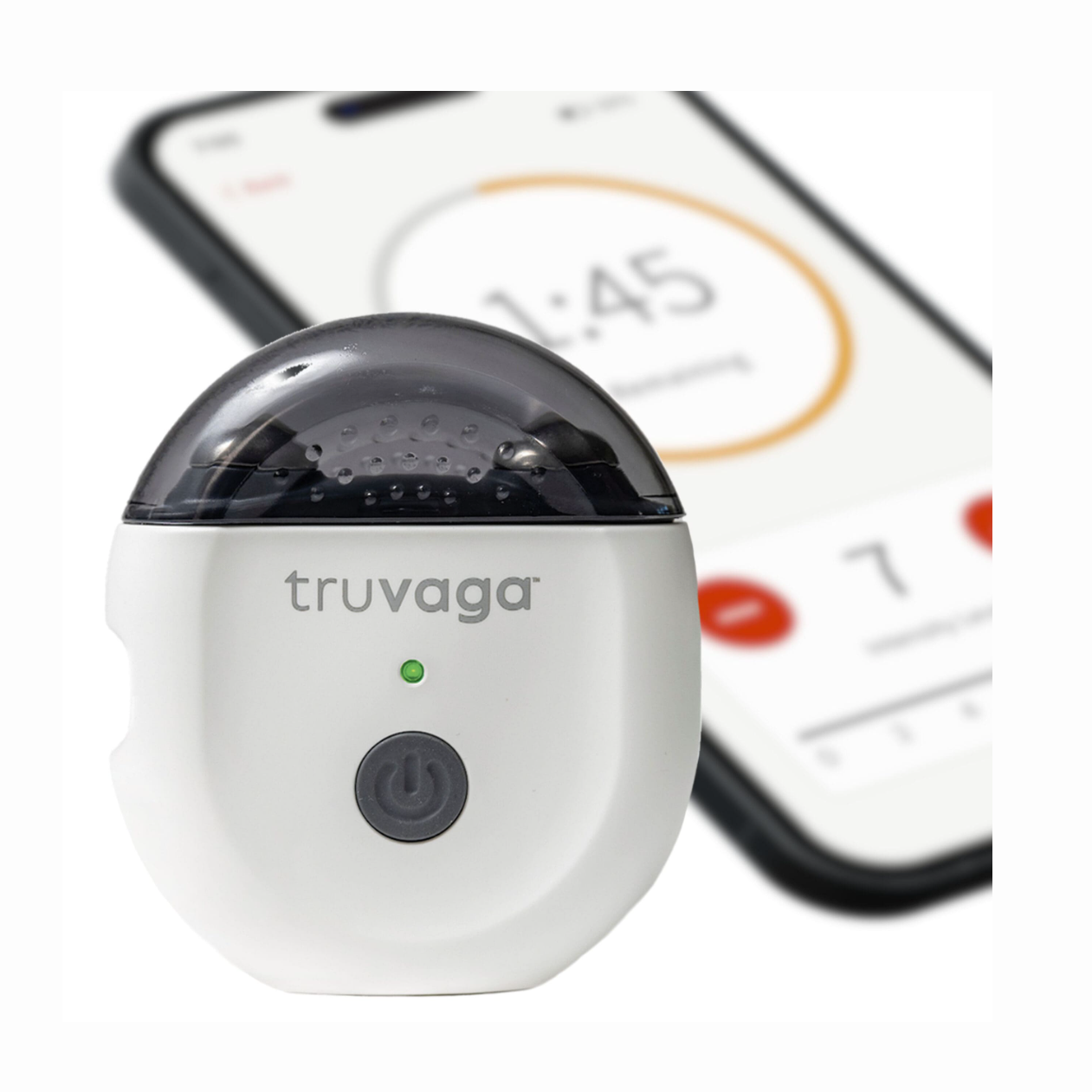 A small white Truvaga Vagus Nerve Stimulator with a power button sits before a blurred smartphone showing an app, promising stress relief and enhanced mental clarity by stimulating the vagus nerve.
