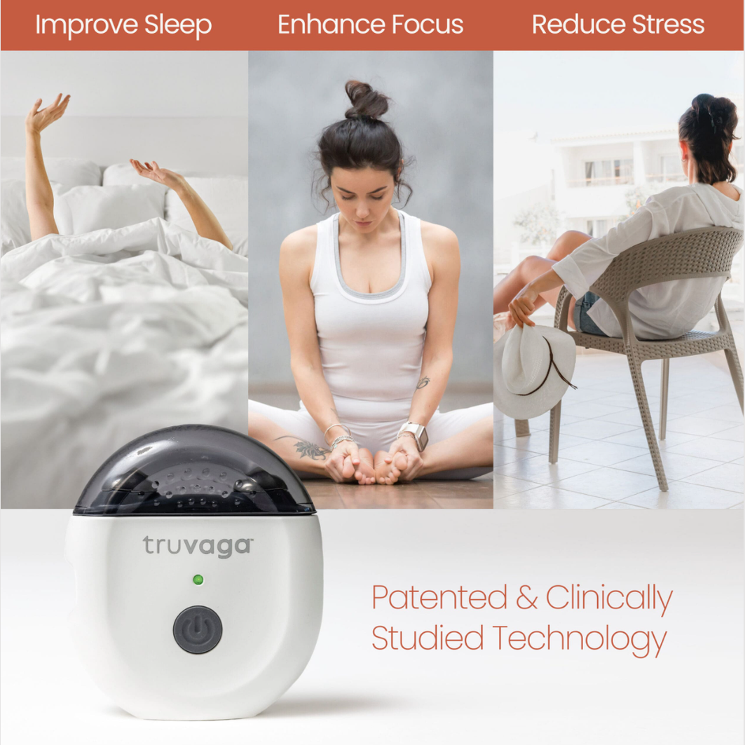 Truvaga Vagus Nerve Stimulator by Truvaga is depicted with images of waking up, meditating, and relaxing. It highlights benefits like better sleep and enhanced focus, promoting mental clarity and significant stress relief.