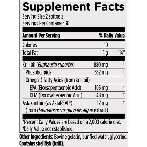 Supplement facts for Designs For Health Krill Oil HP (60 ct): contains calories, total fat, krill oil, omega-3s (EPA & DHA), astaxanthin, plus other ingredients.