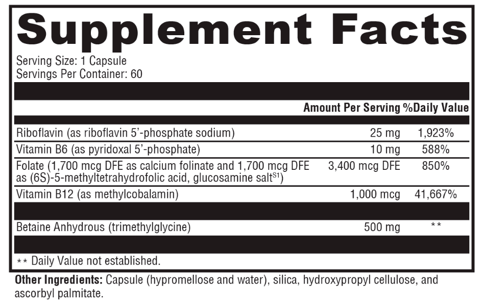 The Supplement Facts label for OHP Health MethylGenetic Pro (60 capsules) lists per-capsule amounts and % Daily Values of Riboflavin, Vitamin B6, Folate, Vitamin B12, and Betaine Anhydrous to support homocysteine metabolism and methylation. 60 servings per container.