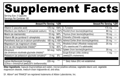 The Adrenal Stressless Supplement Facts label from OHP Health lists serving size, nutrients with amounts and % daily values, featuring vitamins, minerals, botanical extracts, and proprietary blends for energy and metabolic support. 120 count.