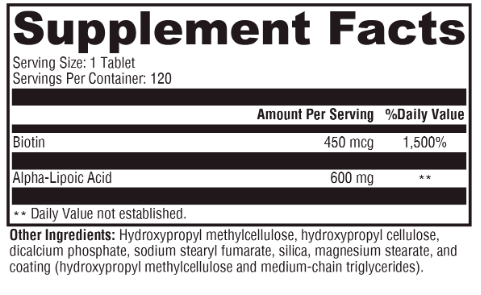 OHP Health Alpha-Lipoic Acid | 120 caps: Each capsule provides 450 mcg Biotin (1500% DV) and 600 mg Alpha-Lipoic Acid for antioxidant support and glucose metabolism (**DV not established); 120 servings per container.