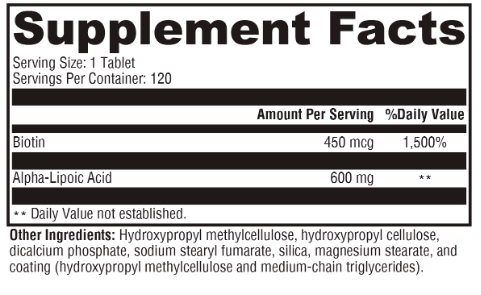 OHP Health Alpha-Lipoic Acid | 120 caps: Each capsule provides 450 mcg Biotin (1500% DV) and 600 mg Alpha-Lipoic Acid for antioxidant support and glucose metabolism (**DV not established); 120 servings per container.