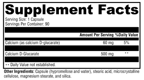 OHP Health Calcium D-Glucarate | 500mg: Supplement facts label lists 1 capsule per serving, 90 servings per container, with 60 mg calcium (5% DV) and 500 mg Calcium D-Glucarate; other ingredients shown below.