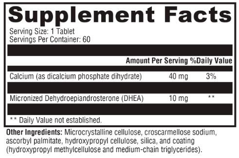 OHP Health DHEA 10mg (Scored), 60 tabs: Supplement Facts list a serving size of 1 tablet, 60 servings per container, with 40 mg calcium and 10 mg micronized DHEA per serving—formulated to support hormonal balance.