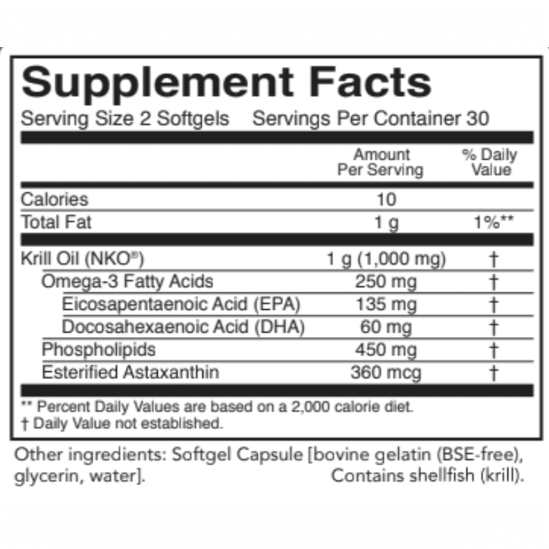 OHP Health Krill Oil HP (60 count) Supplement Facts label highlights omega-3s (EPA, DHA), phospholipids, astaxanthin, calories, total fat per serving, plus detailed ingredient information.