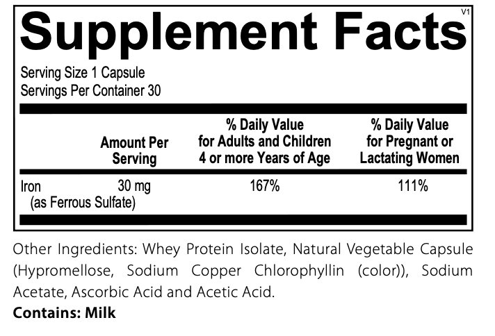 The TruFerra | 30Ct iron supplement by Ortho Molecular Products provides 30 mg per capsule—delivering 167% daily value for adults and kids over 4, and 111% for pregnant or lactating women. Contains milk.