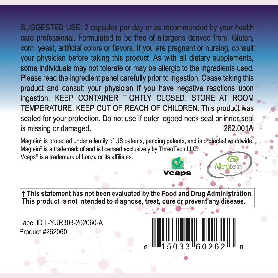 Packaging for MindMag by OHP Health provides directions, a list of ingredients, and a disclaimer. It features Magtein®, recognized for improving brain function and cognitive health. Marketing contacts and a barcode are included for your convenience.