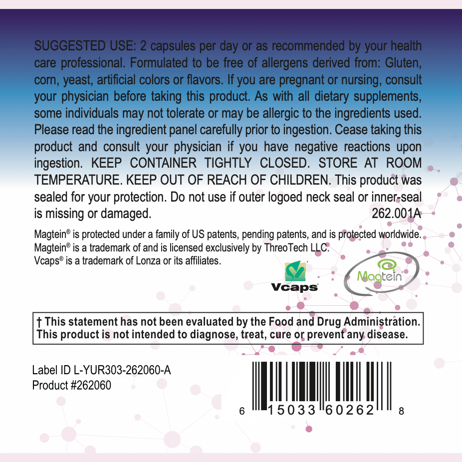 Packaging for MindMag by OHP Health provides directions, a list of ingredients, and a disclaimer. It features Magtein®, recognized for improving brain function and cognitive health. Marketing contacts and a barcode are included for your convenience.
