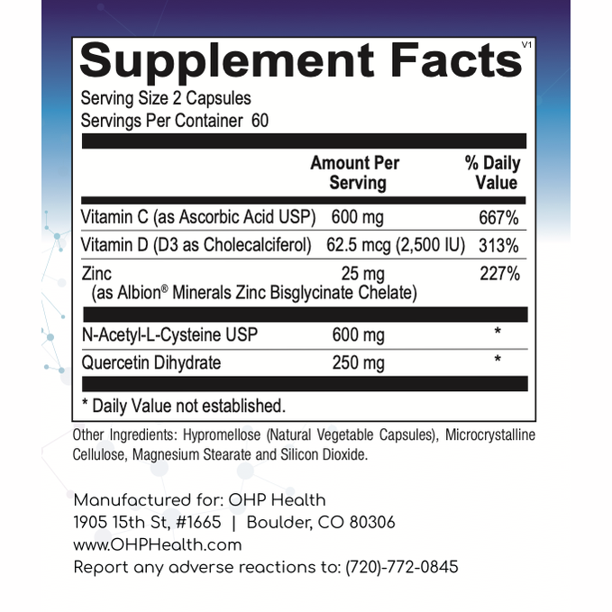 The Supplement Facts label for OHP Health's ImmunePRO, which includes 120 capsules, emphasizes vital ingredients such as Vitamin C, Vitamin D3, Zinc, and N-Acetyl-L-Cysteine. Quercetin dihydrate is featured for its antioxidant benefits, offering crucial immune support alongside additional inactive components.