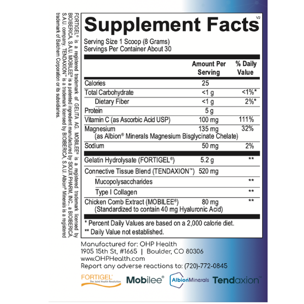 Supplement Facts label for OHP Health's Collagen dietary supplement. Bullet points cover calories, essential vitamins and minerals, unique proprietary ingredient blends, and components that support collagen regeneration to promote healthy connective tissue. Contains 30 servings.