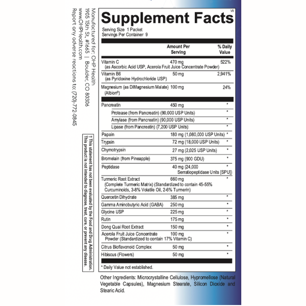 The supplement facts label of the Soft Tissue Complex by OHP Health includes nutrient amounts, daily values, and ingredients like vitamins, minerals, and extracts. This dietary supplement pack is crafted to support inflammatory balance and enhance tendon and ligament function for overall wellness.