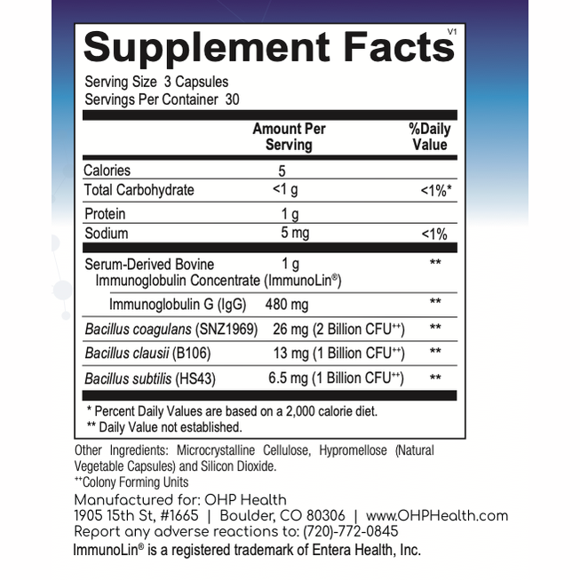 The Supplement Facts label for Gut Reset (Spore Biotic) by OHP Health in Boulder, CO, details serving size, calories, carbohydrates, protein, ingredients, and contact info. It includes ImmunoLin® and probiotic strains to support gut health with essential immunoglobulins.