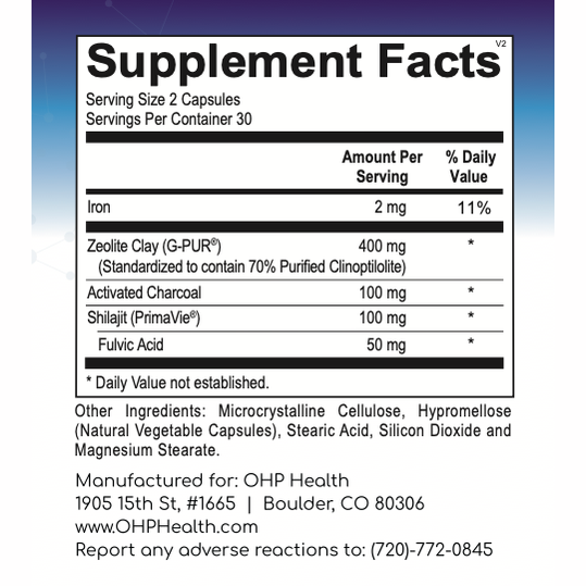 The Supplement Facts label for OHP Health's Detox Binder | 60 Caps discloses the serving size, includes ingredients such as iron and purified zeolite clay, and provides manufacturer contact information. This product functions as a comprehensive binder to effectively support your health needs.